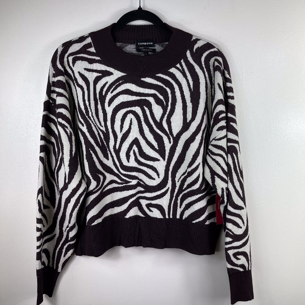 Carbon 38 Zebra Jacquard‎ Crop Sweater Brown Tan Size Medium New With Tag
